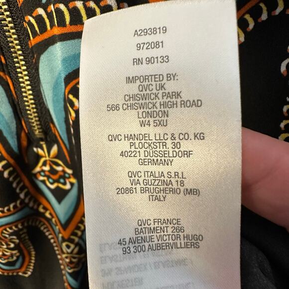 Bob Mackie women’s blouse orange black zipper collar bold print Bohemian satin￼ - Picture 7 of 11